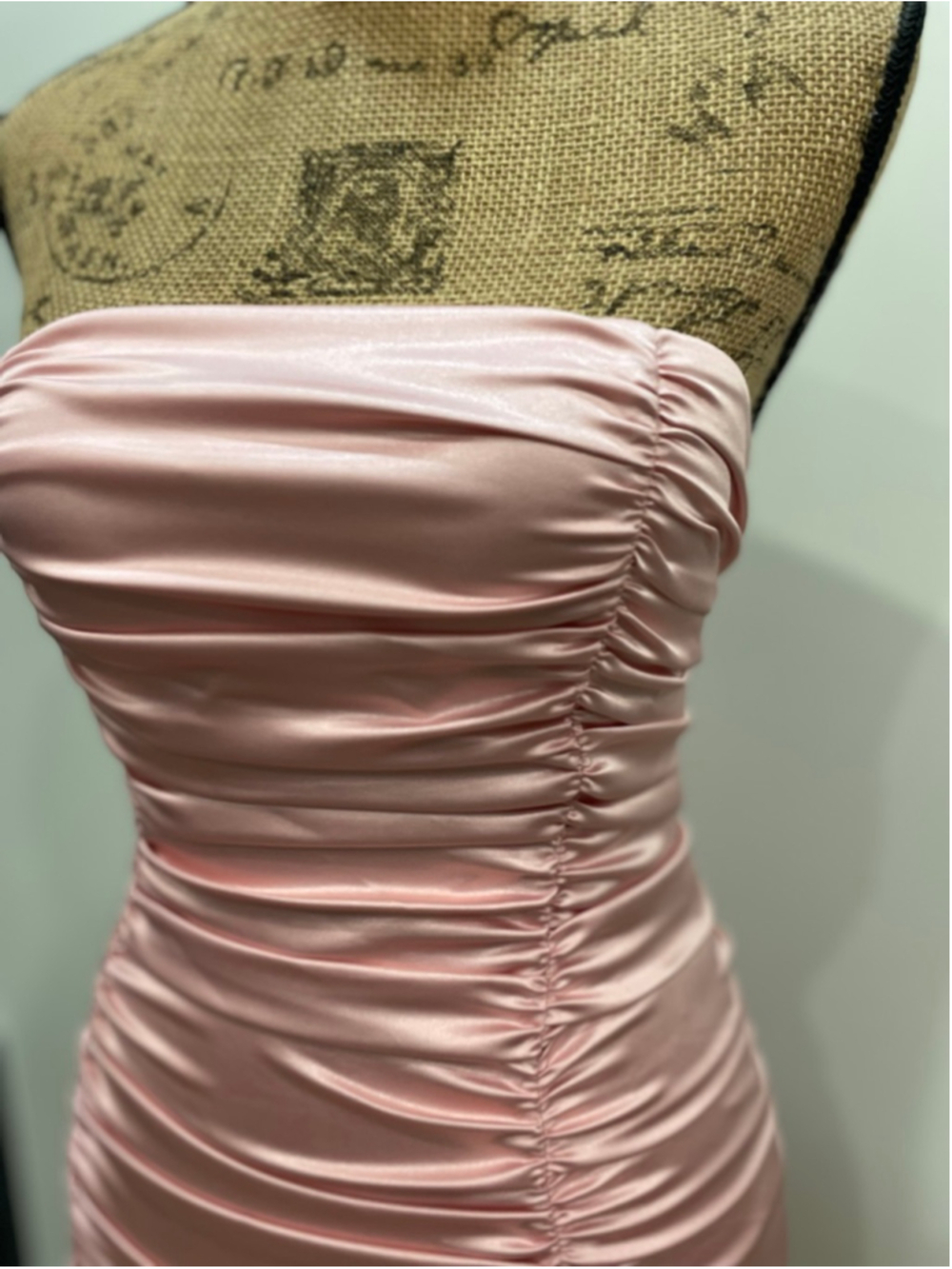 Vintage Jessica McClintock Satin Pink Strapless Ruched Ruffle Dress 4 Glam Party - Picture 2 of 6